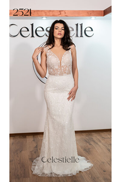 Celestielle Rochie de mireasă sirenă mulată, fără mâneci, cu spate gol și dan...