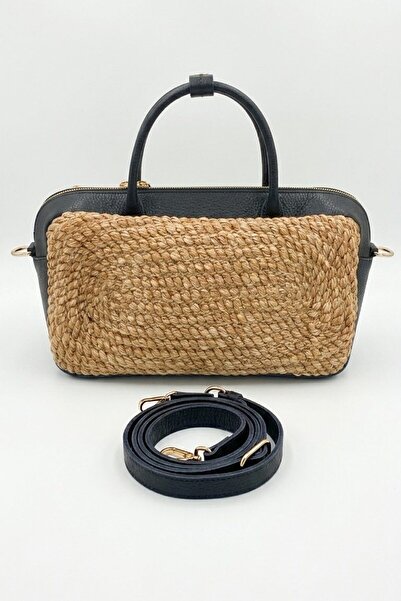 I Love Shoes Lunavia Black Genuine Leather Jute Women's Bag