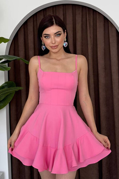 Clothes Fast Kadın Askılı Mini Elbise Kare Yaka Volan Etekli Şık Günlük Davet...