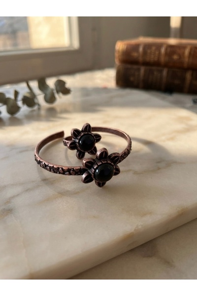 Meneva Aksesuar Onyx Natural Stone Embellished Copper Bracelet and Ring Set