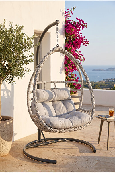 huteras Bahçe Salıncağı Tek Kişilik Rattan Gri Malta Minderli Ayaklı Balkon T...