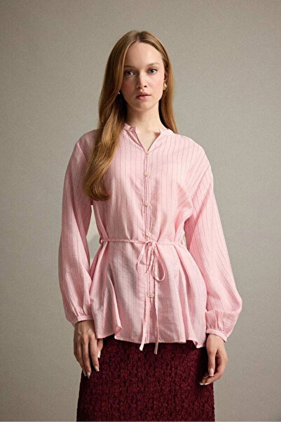 DeFacto Women's Relax Fit Striped Tie-Up Long Sleeve Shirt Tunic