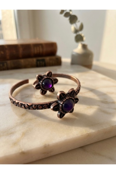Meneva Aksesuar Purple Agate Stone Embellished Copper Bracelet and Ring Set