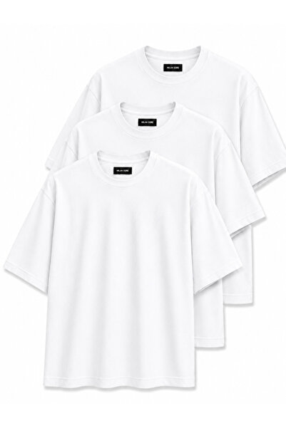 MİLANDORE 3-Pack Unisex White Oversize T-Shirt Set - Crew Neck Basic T-Shirt