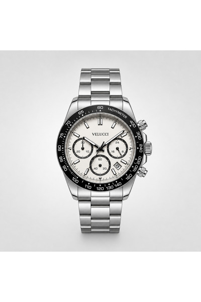 Velucci Birten Çelik Kordon Erkek Kol Saati Beyaz Kadran Tachymeter Sport Analog