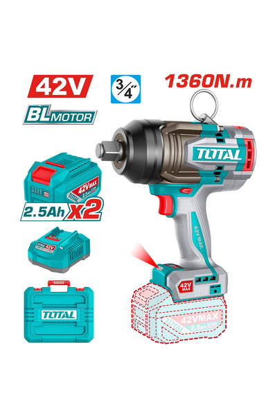 TOTAL دريل شد كفرات بطارية 42V 1360N.m شنطة بلاستيك مع بطارية إضافية و شاحن