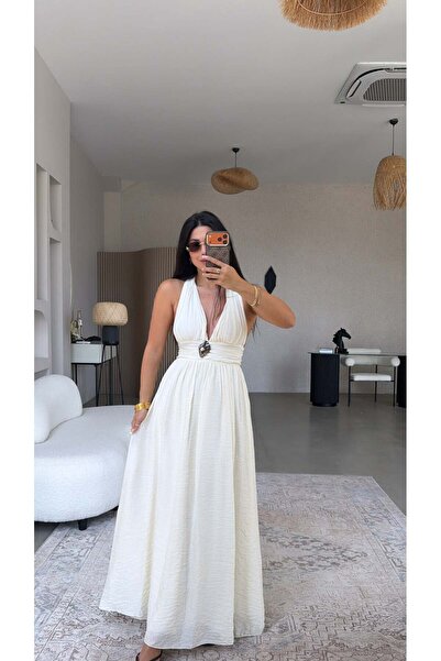 Buket Teke Cream Brooched Backless Long Dress