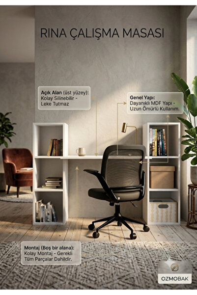 ozmobak Rina Kitaplıklı Çalışma Masası - Modern Ofis Ve Bilgisayar Masası Beyaz