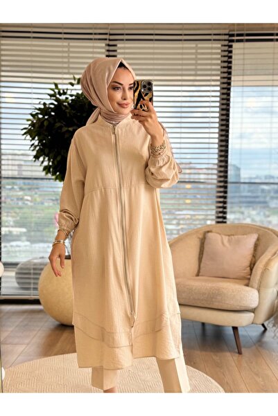 ALANURMODA 15270 تنورة مجزأة بسحاب أمامي باللون البيج