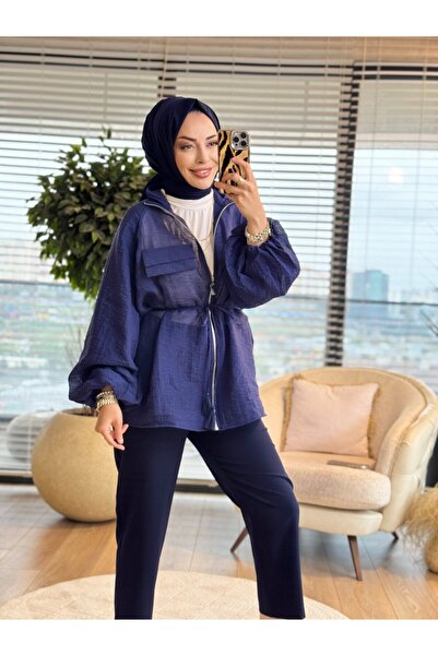 ALANURMODA 3342 Zippered Jacket with Pocket Detail Navy Blue