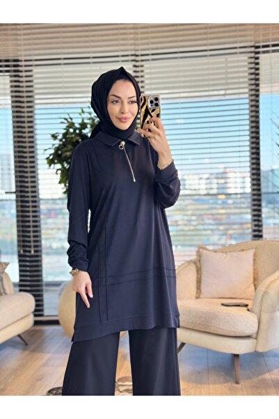 Taşpınar 9910 تونيك أسود مع تفاصيل الحبل في الأمام