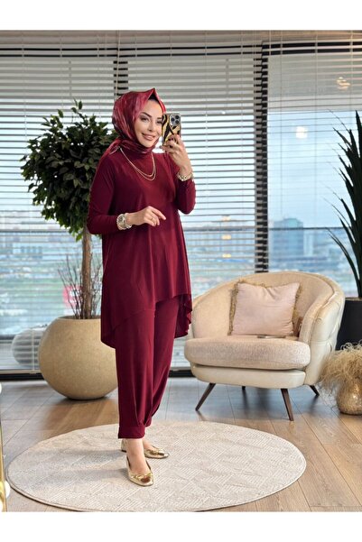 Afili 4197 طقم شالوار طوكيو باللون الأحمر الداكن