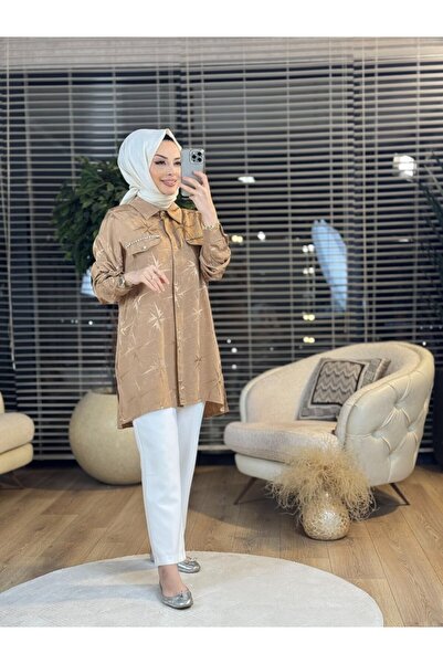 ALANURMODA 2057 قميص ساتان منقوش ذاتيًا لاتيه