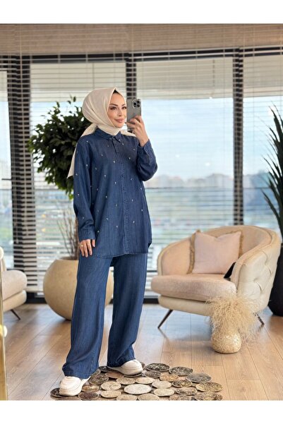 MİA NOURA 2013 Tencel Shirt with Spattered Colored Stones Dark Blue