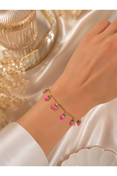 MODA MANANI Pink Strawberry Figured Gold Color Minimal Summer Women's Bracelet