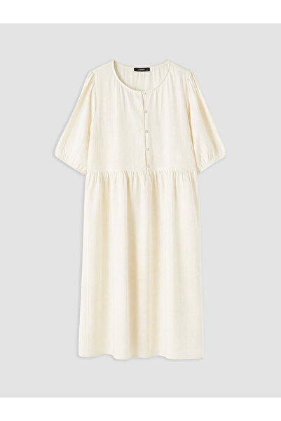 LC Waikiki Lcwaikiki Curve Ecru Large Size Crew Neck Pleated Dress