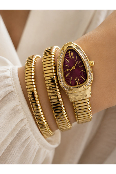 Weluxa Snake Bracelet Watch Gold Color Burgundy Dial Women's Stylish Design G...
