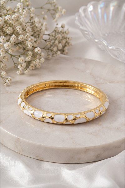 Sylvera Shop Natural Mosaic Stone White Enamel Thin Cuff Bracelet (Gold Color)