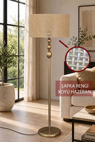 Taşcan Aydınlatma Asel Eskitme Metal Ayaklı Lambader Koyu Ton Kumaş Şapka Mod...