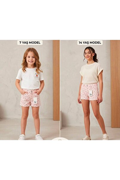Ede Tekstil Janes Pink Black Dotted Girls' Denim Shorts