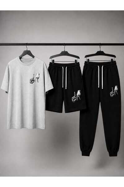 Gutsy T-Shirt Sweatpants Shorts 3-Piece Combination Thin Summer Finger Printe...