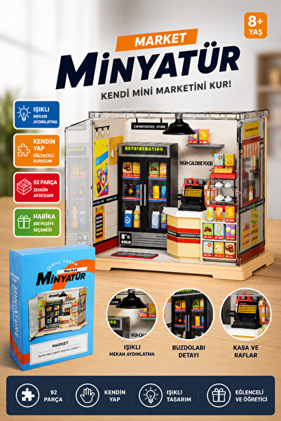 Oyuncak Fabrikası Minyatür 92 Parça Işıklı Kendin Yap DIY Mini Maket Market D...