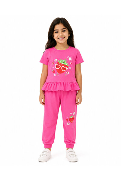 Generic Girls Pink Strawberry Print Peplum Top and Jogger Set