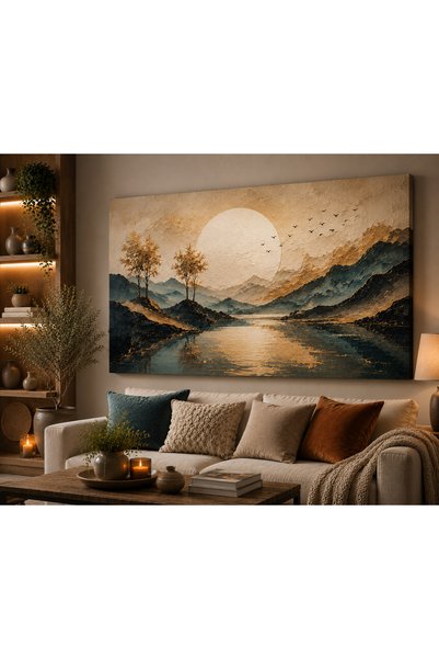 FTRMALZEMECİM Premium Beyaz Ay Altında Sessiz Göl Kanvas Tablo – Mavi Gold Mo...
