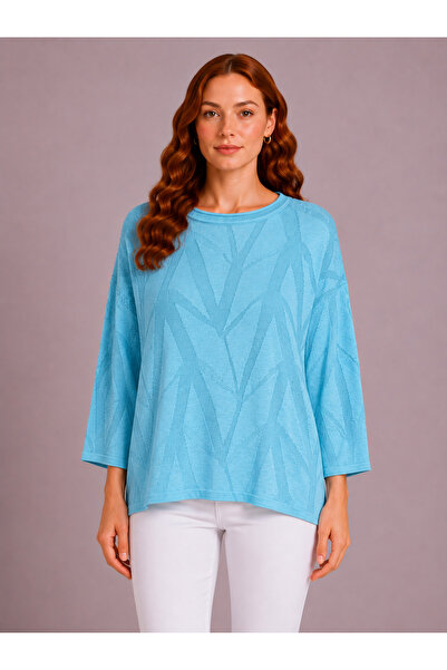 Neden Tekstil Women's Blue Knitwear Textured Oversize Blouse