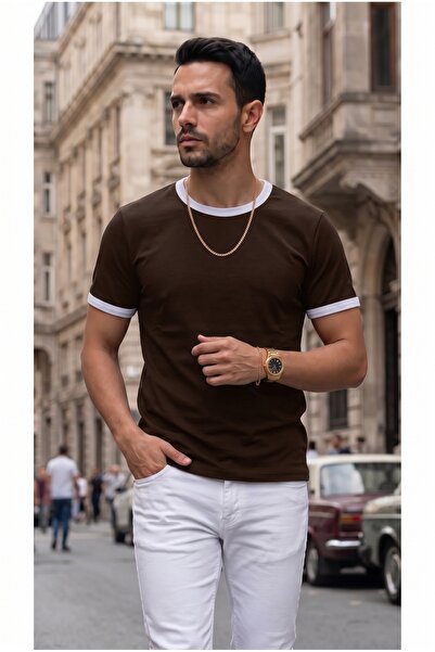 Teenage Millionaire Men's Brown Colored T-Shirt with Crew Neck and Sleeve Tri...