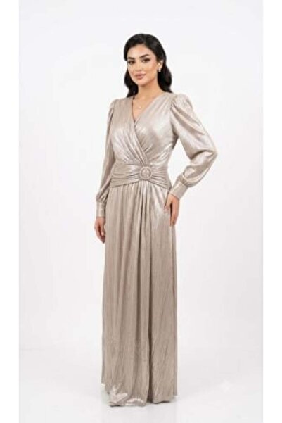 unbranded Women's Champagne Pleated Satin Maxi Evening Dress with V-Neck & Lo...