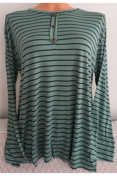 Anne Er Clothing Summer Combed Cotton Blouse Long-Sleeve O-Neck Green Stripe