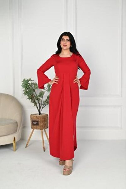 vela Soft Red Occasion Dress with Wide Sleeves and Draped Waist