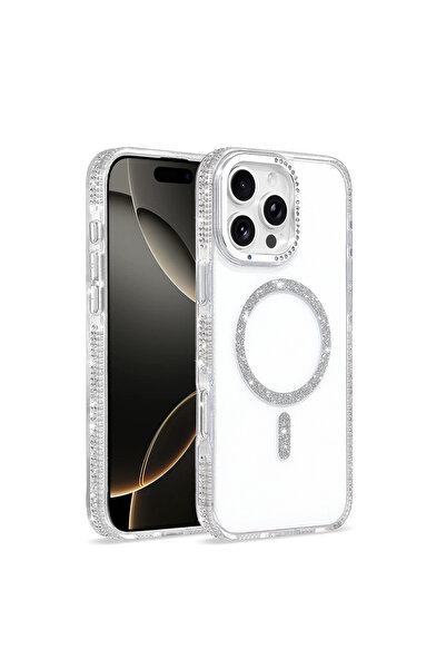 zore iPhone 16 Pro Max Kılıf Taşlı Simli MagSafe Kamera Yükseltili Silikon SEKO