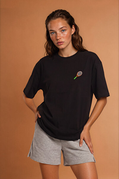 RunGear Up Women's 100% Cotton Tennis Racket Embroidery Pattern T-Shirt - Rel...