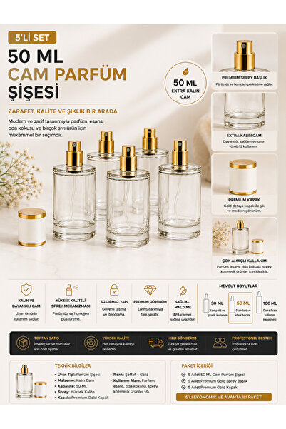 Mirkimya 5’li 50 ML Cam Parfüm Şişesi - Gold Sprey Başlıklı, Beyaz Kapaklı, Y...