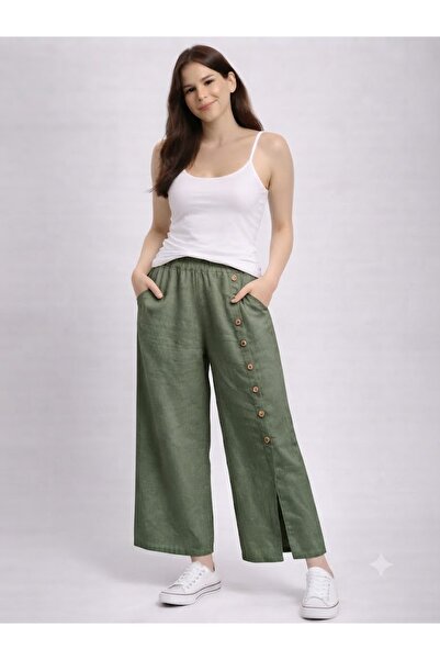 AYASOFYA OTANTIK Women's Italian Khaki Elastic Waist Plain Pattern Button Det...
