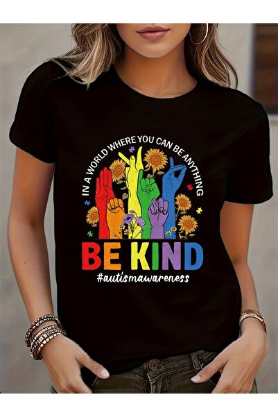 12 HERTZ تي شيرت نسائي للتوحد - تي شيرت برسومات "Be Kind" مع تصميم قبضات يد م...