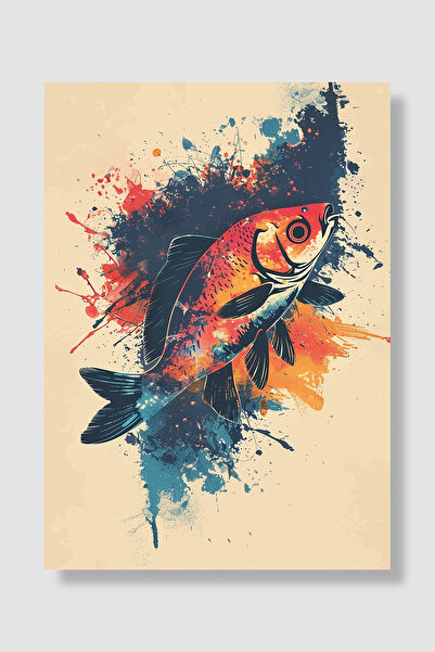 Luna Marissa Fish Poster Colorful Paint Splatter Fish Navy Blue Orange Retro ...