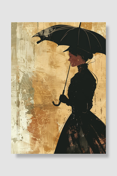 Luna Marissa Woman with Umbrella Poster Black Silhouette Umbrella Brown Backg...