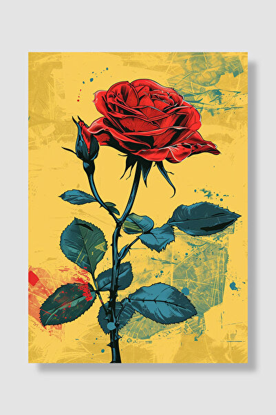 Luna Marissa Poster cu trandafir roșu Fundal galben Frunze albastre Pop Art G...