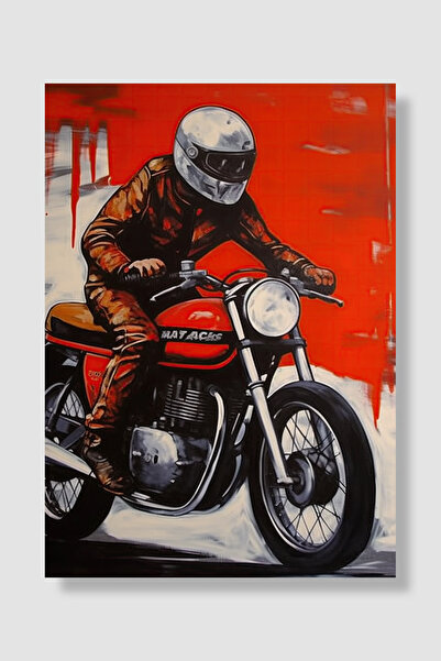 Luna Marissa Αφίσα Biker με κόκκινο φόντο, καφέ δερμάτινο μπουφάν, ρετρό αφίσ...