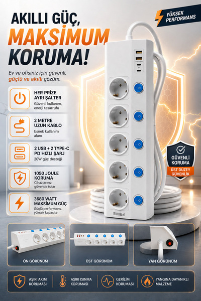 MATECHNO 5'Li Grup Priz Her Prize Ayrı Şalter 2 USB 2 Type-C PD Hızlı Şarj 36...
