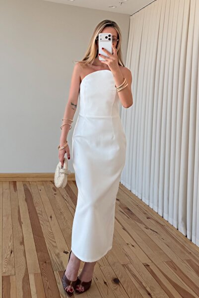 Laluvia White Design Collar Slit Long Dress - 8581