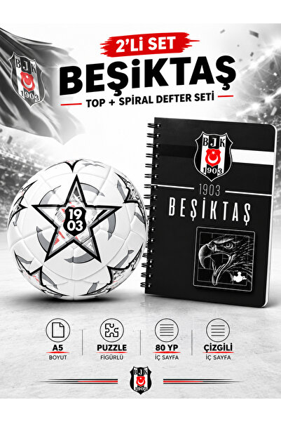 Beşiktaş Taraftar Seti No:5 Futbol Topu ve A5 Spiral Defter Yıldız Desenli