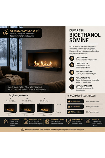 Bioethanol Şömine Duvar Tipi Bacasız Şömine Gerçek Alevli Siyah Metal Gövde Cam Korumalı (orta ölçü)