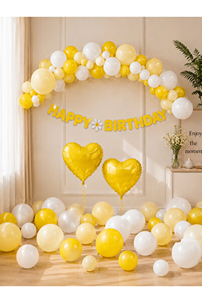 Parti Zamanı Sarı Beyaz Doğum Günü Parti Süsleme Seti – Happy Birthday Banner...
