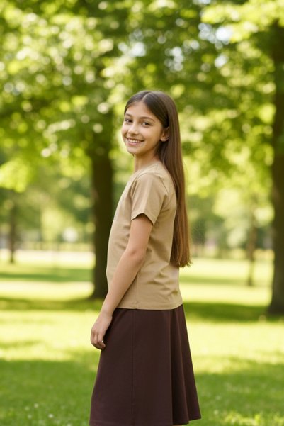 KİAGU Beige Short Sleeve Basic T-Shirt - Non-Sweating Flexible Fabric Cotton Seasonal Beige Short Sleeve Girls' Tshirt