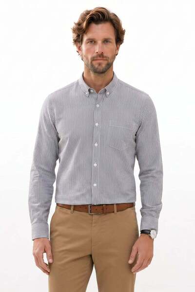 Tudors Men's Slim Fit 100% Cotton Buttoned Collar Striped Long Sleeve Pockete...