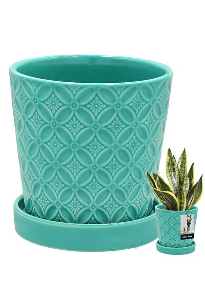 KOTARBAU Ghiveci rotund turcoaz de 13 cm cu farfurie, din ceramică glazurată.